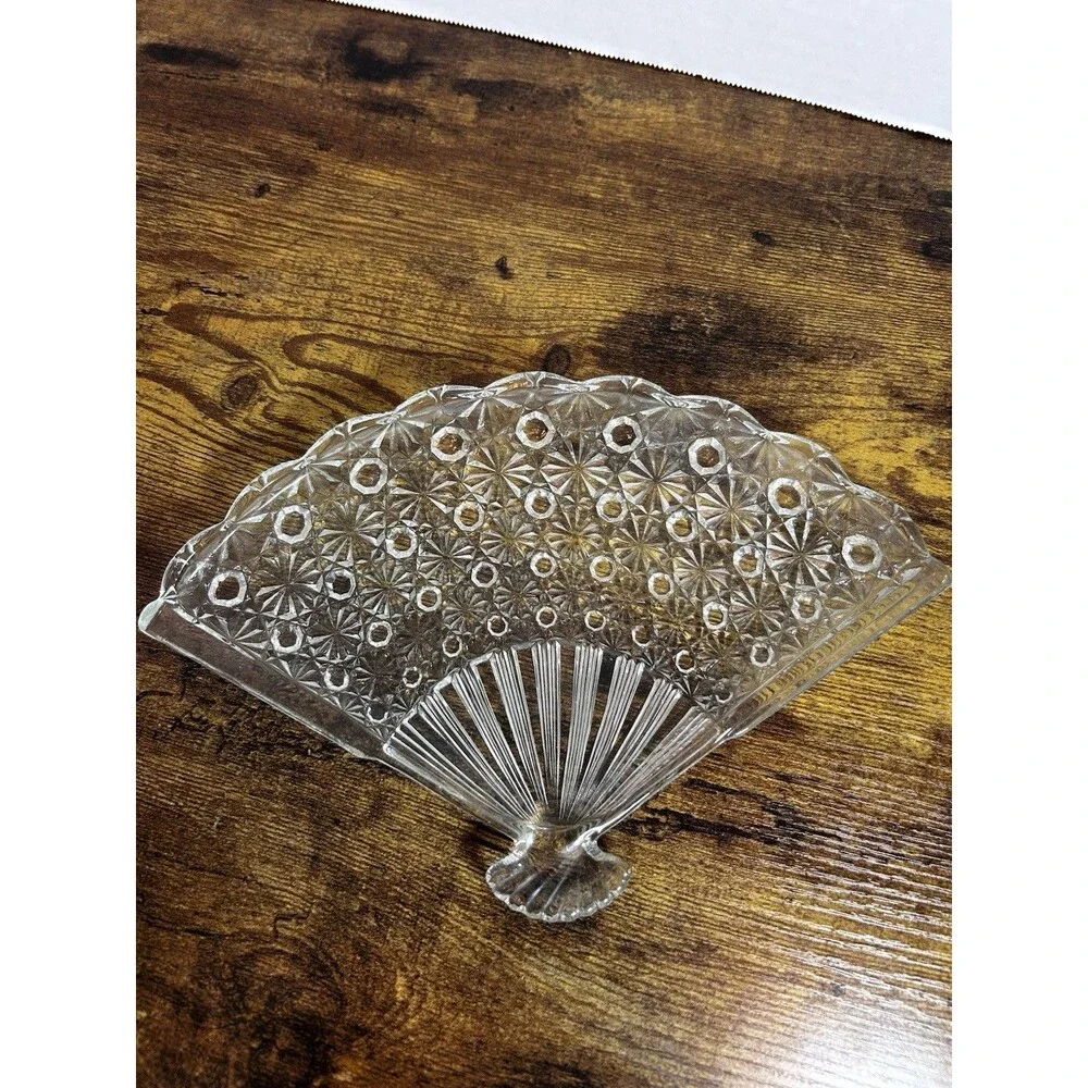 Vintage Pressed Glass Fan Shaped Serving Tray Crystal Starburst Vanity Decor Art